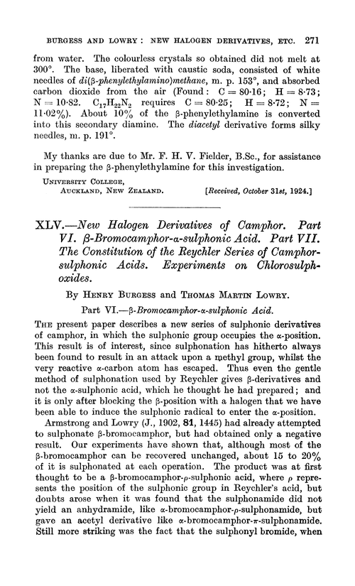 XLV.—New halogen derivatives of camphor. Part VI. β-Bromocamphor-α-sulphonic acid. Part VII. The constitution of the Reychler series of camphorsulphonic acids. Experiments on chlorosulphoxides