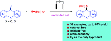 Graphical abstract: Electrochemical benzylic C–H arylation of xanthenes and thioxanthenes without a catalyst and oxidant