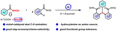 Graphical abstract: Convergent synthesis of triarylamines via Ni-catalyzed dual C(sp2)–H amination from benzamides with benzohydroxamic acids