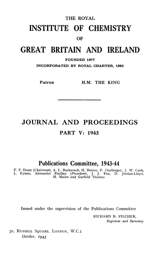 The Institute of Chemistry of Great Britain and Ireland. Journal and Proceedings. Part V: 1943