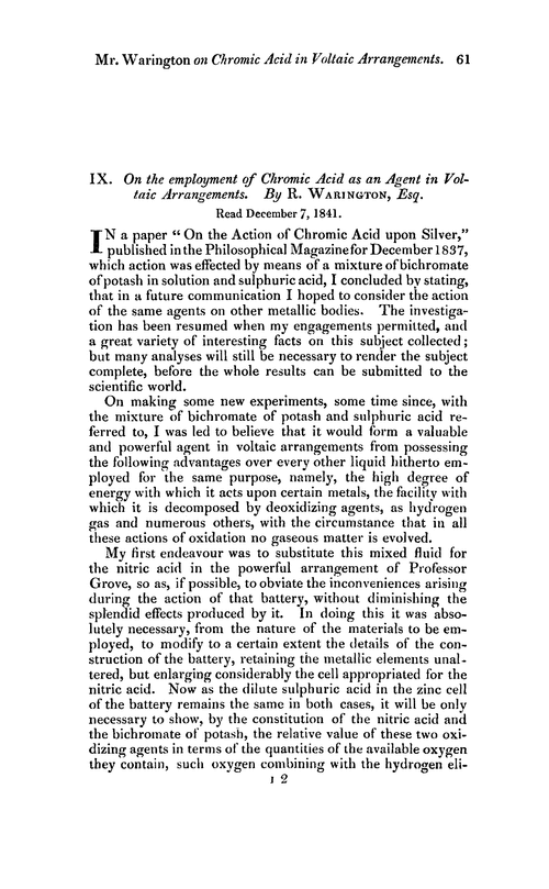IX. On the employment of chromic acid as an agent in voltaic arrangements