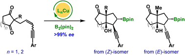 Graphical abstract: Cu(i)-catalyzed enantioselective and stereospecific borylative annulation of cyclic 1,3-dione-tethered 1,3-enynes
