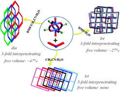 Graphical abstract: Metal–organic frameworks constructed from flexible V-shaped ligands: adjustment of the topology, interpenetration and porosity via a solvent system
