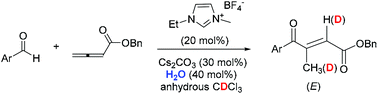 Graphical abstract: E-Selective N-heterocyclic carbene-catalyzed reaction of aldehydes and butadienoates: effect of water and chloroform as the proton shuttle