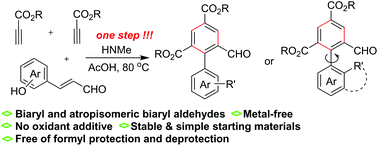 Graphical abstract: Biaryl and atropisomeric biaryl aldehyde synthesis by one-step, metal-free benzannulation of aryl enals and propiolates