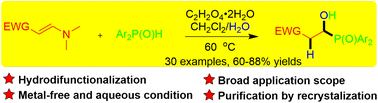 Graphical abstract: Metal-free hydrodifunctionalization of enaminones for the synthesis of ketomethylene-functionalized phosphoryl alcohols