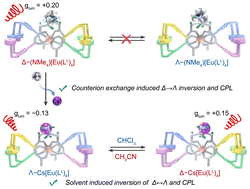 Graphical abstract: Solvent and counterion cooperatively induced inversion of the stereocenter Δ/Λ and CPL in a mononuclear Eu(iii) complex