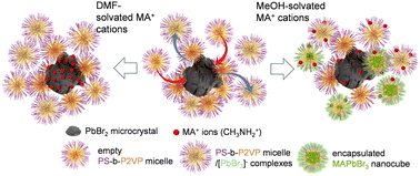 Graphical abstract: Room-temperature synthesis of highly luminescent methylammonium lead bromide nanocubes encapsulated in block copolymer micelles: impact of solvent choice on crystallization and stability