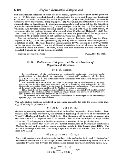 S 85. Radioactive halogens and the mechanism of replacement reactions