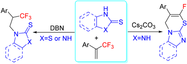 Graphical abstract: Tunable base-controlled chemoselective synthesis of trifluoromethyl-containing N-substituted benzimidazole-2-thiones and monofluorinated 4H-benzo[4,5]imidazo[2,1-b][1,3]thiazine