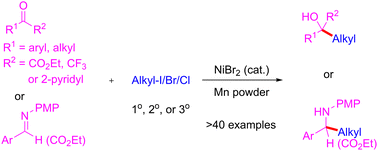 Graphical abstract: Nickel-catalyzed Barbier-type reaction of carbonyl derivatives with unactivated alkyl halides