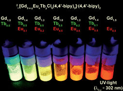 Graphical abstract: Luminescence tuning of MOFs via ligand to metal and metal to metal energy transfer by co-doping of 2∞[Gd2Cl6(bipy)3]·2bipy with europium and terbium