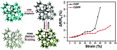 Graphical abstract: Three-dimensional porous stretchable and conductive polymer composites based on graphene networks grown by chemical vapour deposition and PEDOT:PSS coating