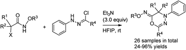 Graphical abstract: 1,3-Dipolar [3 + 3] cycloaddition of α-halohydroxamate-based azaoxyallyl cations with hydrazonoyl chloride-derived nitrile imines