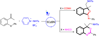 Graphical abstract: Photo-induced cyclization of olefinic amides towards sulfonamidylated iminoisobenzofurans and benzoxazines