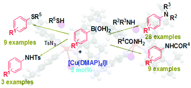 Graphical abstract: A quick Chan–Lam C–N and C–S cross coupling at room temperature in the presence of square pyramidal [Cu(DMAP)4I]I as a catalyst