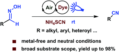 Graphical abstract: Thiocyanate radical mediated dehydration of aldoximes with visible light and air