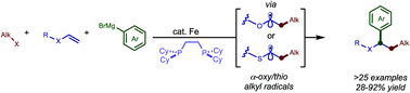 Graphical abstract: Fe-Catalyzed dicarbofunctionalization of electron-rich alkenes with Grignard reagents and (fluoro)alkyl halides