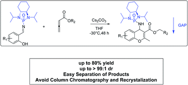 Graphical abstract: Asymmetric [4 + 2] cycloaddition synthesis of 4H-chromene derivatives facilitated by group-assisted-purification (GAP) chemistry