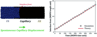 Graphical abstract: A many-body dissipative particle dynamics study of fluid–fluid spontaneous capillary displacement