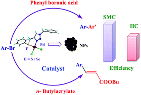 Graphical abstract: Palladium(ii) complexes bearing the 1,2,3-triazole based organosulfur/ selenium ligand: synthesis, structure and applications in Heck and Suzuki–Miyaura coupling as a catalyst via palladium nanoparticles