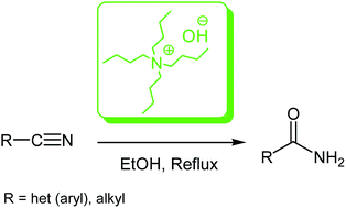 Graphical abstract: Chemoselective hydration of nitriles to amides using hydrated ionic liquid (IL) tetrabutylammonium hydroxide (TBAH) as a green catalyst