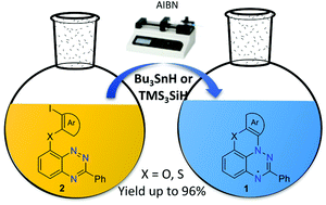 Graphical abstract: Planar Blatter radicals through Bu3SnH- and TMS3SiH-assisted cyclization of aryl iodides: azaphilic radical addition