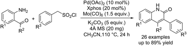 Graphical abstract: Palladium-catalyzed desulfonylative aminocarbonylation of benzylsulfonyl chlorides with o-aminobenzaldehydes/o-aminoacetophenones for the synthesis of quinoin-2(1H)-ones