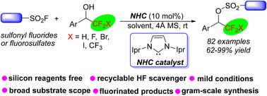 Graphical abstract: N-Heterocyclic carbene-catalyzed SuFEx reactions of fluoroalkylated secondary benzylic alcohols