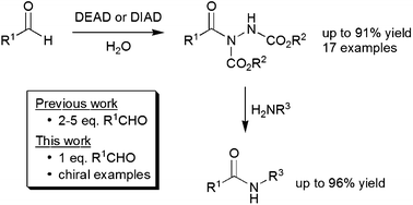 Graphical abstract: Functionalisation of aldehydesvia aerobic hydroacylation of azodicarboxylates ‘on’ water