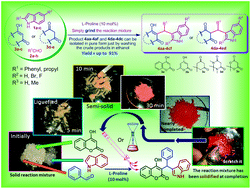 Graphical abstract: l-Proline catalyzed multicomponent one-pot synthesis of gem-diheteroarylmethane derivatives using facile grinding operation under solvent-free conditions at room temperature