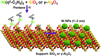 Graphical abstract: Well-defined mono(η3-allyl)nickel complex  [[triple bond, length as m-dash]] MONi(η3-C3H5) (M = Si or Al) grafted onto silica or alumina: a molecularly dispersed nickel precursor for syntheses of supported small size nickel nanoparticles