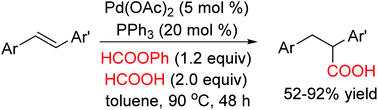 Graphical abstract: An effective approach to aryl-substituted propanoic acids via the Pd-catalyzed hydrocarboxylation of stilbenes