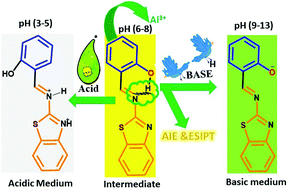 Graphical abstract: Exploring the hidden potential of a benzothiazole-based Schiff-base exhibiting AIE and ESIPT and its activity in pH sensing, intracellular imaging and ultrasensitive & selective detection of aluminium (Al3+)