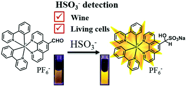 Graphical abstract: Rapid “turn-on” photoluminescence detection of bisulfite in wines and living cells with a formyl bearing bis-cyclometalated Ir(iii) complex