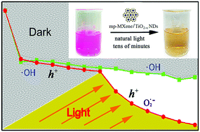 Graphical abstract: A titanium-based photo-Fenton bifunctional catalyst of mp-MXene/TiO2−x nanodots for dramatic enhancement of catalytic efficiency in advanced oxidation processes