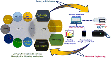 Graphical abstract: Recent endeavours in the development of organo chromo-fluorogenic probes towards the targeted detection of the toxic industrial pollutants Cu2+ and CN−: recognition to implementation in sensory device