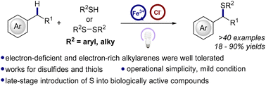 Graphical abstract: Iron-catalyzed benzylic C–H thiolation via photoinduced ligand-to-metal charge-transfer