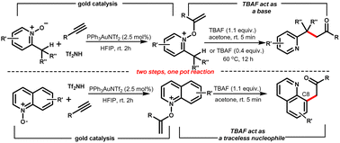 Graphical abstract: A sequential Au(i)/TBAF-promoted rapid and selective functionalization of heteroarene N-oxides with alkynes