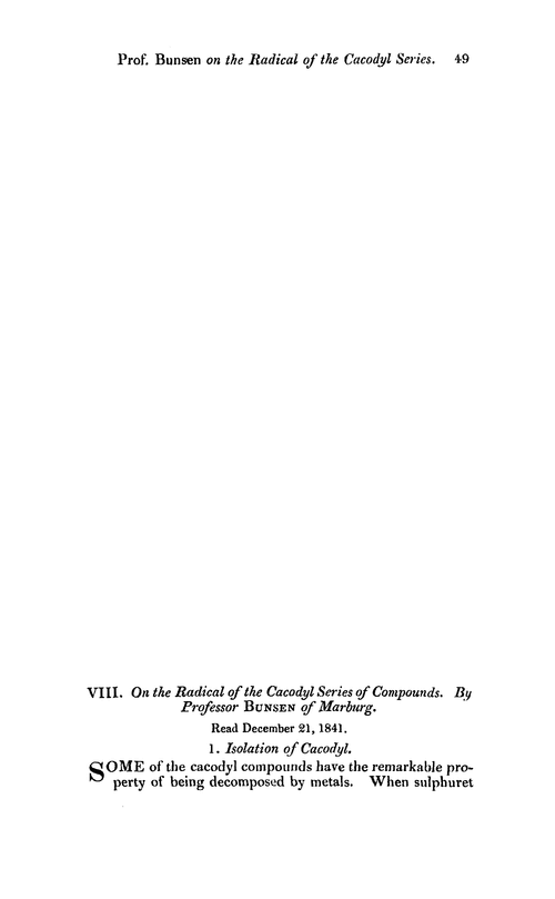 VIII. On the radical of the cacodyl series of compounds