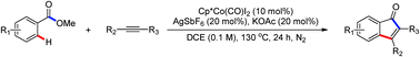 Graphical abstract: Cobalt(iii)-catalyzed annulation of esters and alkynes: a facile route to indenones