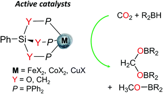 Graphical abstract: Complexes of the tripodal phosphine ligands PhSi(XPPh2)3 (X = CH2, O): synthesis, structure and catalytic activity in the hydroboration of CO2