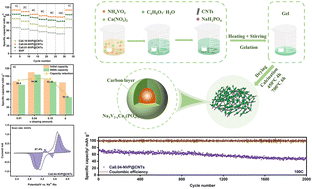 Graphical abstract: Constructing p-type substitution induced by Ca2+ in defective Na3V2−xCax(PO4)3/C wrapped with conductive CNTs for high-performance sodium-ion batteries