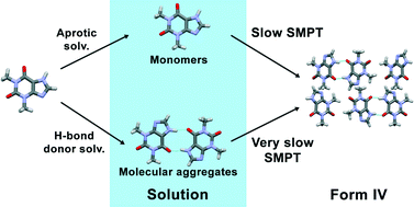 Graphical abstract: The reluctant polymorph: investigation into the effect of self-association on the solvent mediated phase transformation and nucleation of theophylline