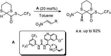 Graphical abstract: Stereoselective reaction of 2-carboxythioesters-1,3-dithiane with nitroalkenes: an organocatalytic strategy for the asymmetric addition of a glyoxylate anion equivalent