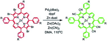 Graphical abstract: A new method for the synthesis of β-cyano substituted porphyrins and their use as sensitizers in photoelectrochemical devices