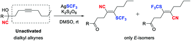 Graphical abstract: Cyanotrifluoromethylthiolation of unactivated dialkyl-substituted alkynes via cyano migration: synthesis of trifluoromethylthiolated acrylonitriles