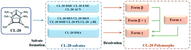 Graphical abstract: Solvatomorphism and phase transformation of CL-20: probing properties and investigating mechanisms