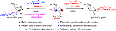 Graphical abstract: Switchable reactivity of 2-benzoyl glycals towards stereoselective access of 1-3 and 1-1 S/O linked disaccharides