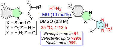 Graphical abstract: Direct organocatalytic chemoselective synthesis of pharmaceutically active benzothiazole/benzoxazole-triazoles